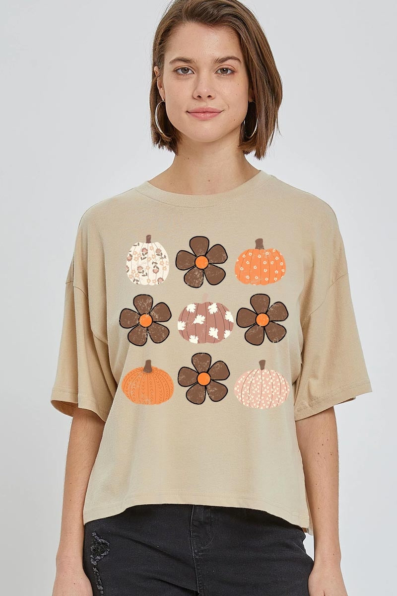 CTS-E3117 Pumpkins & Flowers Fall Graphic Relaxed Crop Top $11