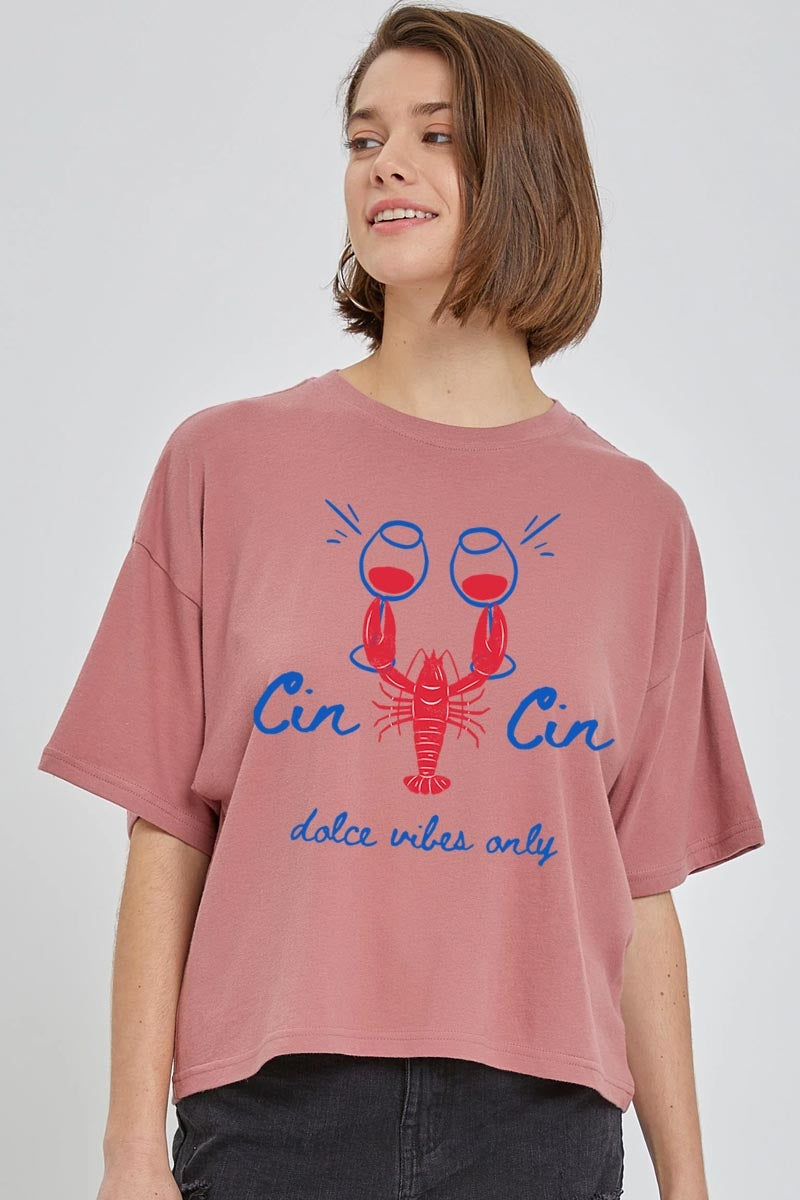 CTS-E3069 Cin Cin Lobster Graphic Relaxed Crop Top $11