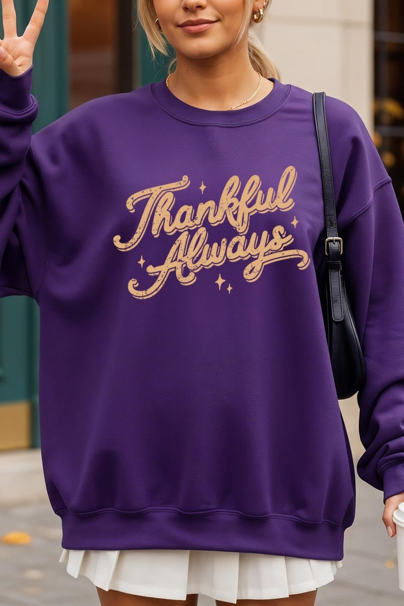 UL180P-E3168 Thankful Always Graphic Plus Sweatshirt $25