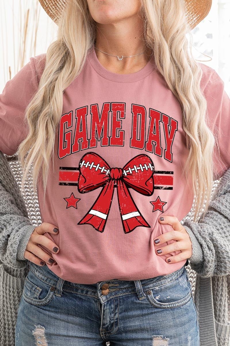 US3001-E3062 Red Game Day Football Bow Graphic Tee $12.5