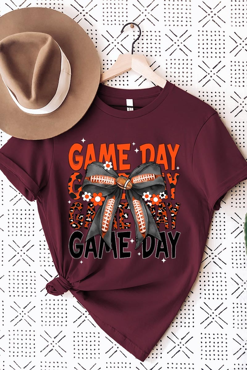 US3001P-E3088 Orange Black Football Game Day Bow Plus Tee $16