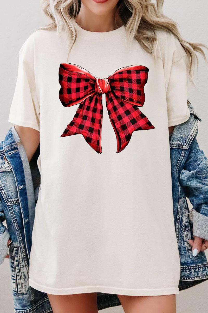 5000P-E3198 Red Buffalo Plaid Bow Graphic Plus Heavy Cotton Tee $12.75
