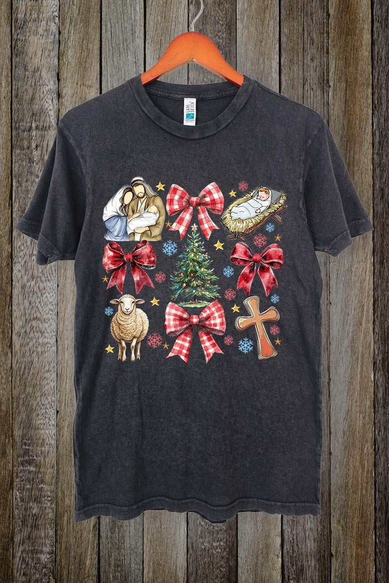 LS002-E3219 Nativity Scene Christmas Graphic Vintage Tee $15.5