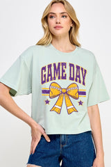 CTS-E3063 Purple Game Day Football Bow Graphic Crop Top $11