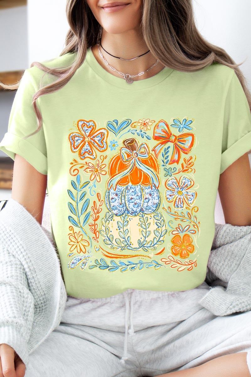 US3001-E3153 Floral Pumpkin Stack Graphic Tee $12.5