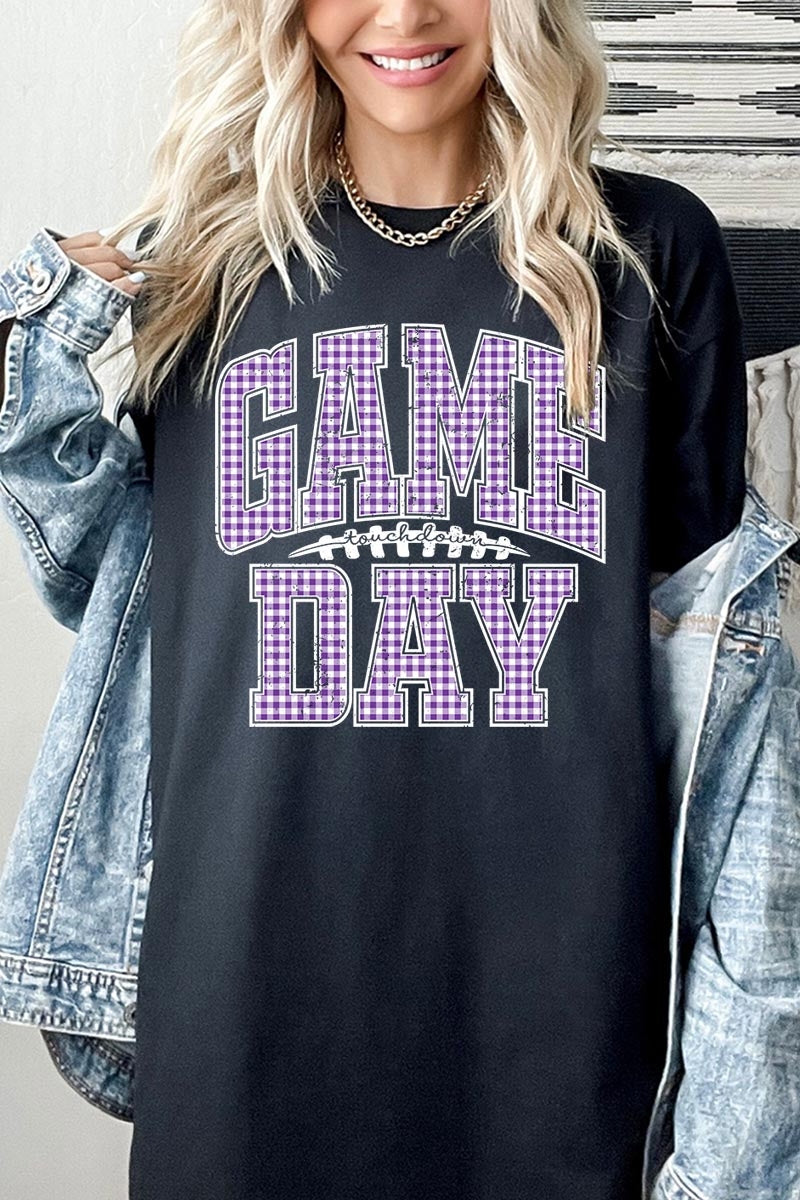 5000-E3127 Purple Gingham Game Day Graphic Heavy Cotton Tee $9