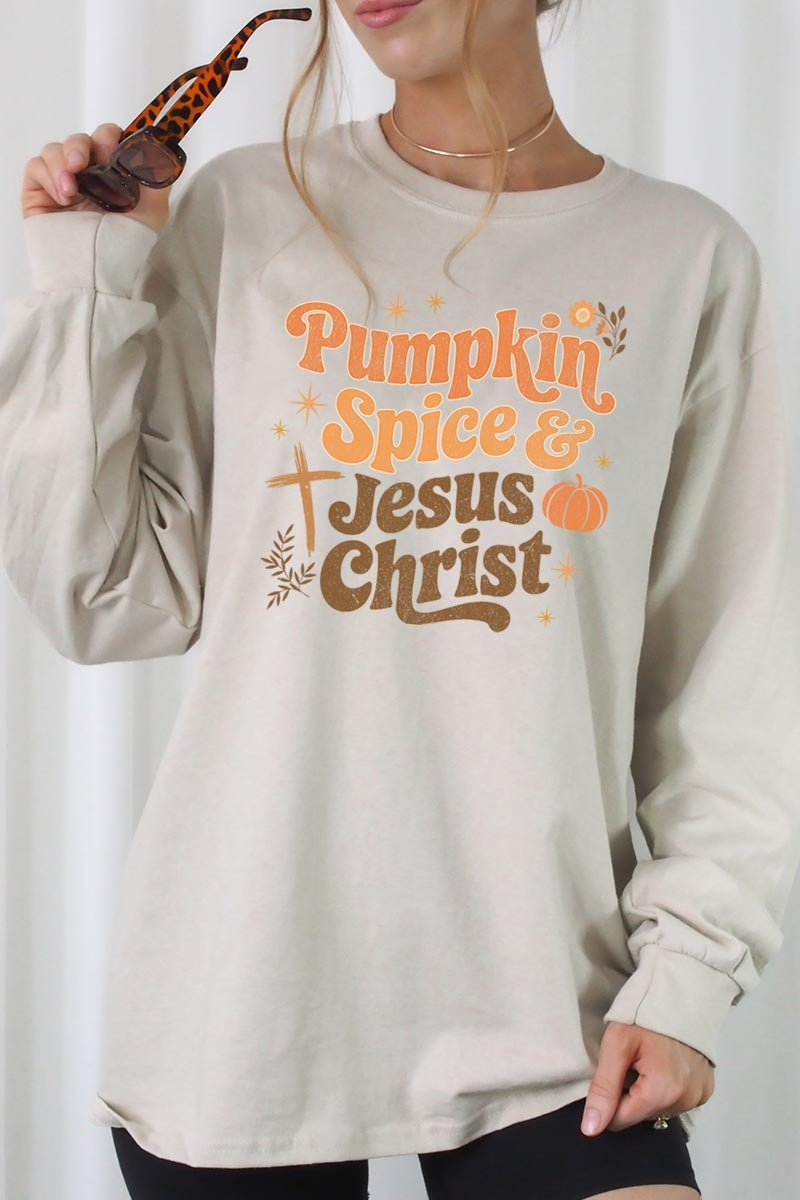 UL240-E3164 Pumpkin Spice & Jesus Graphic Long Sleeve Tee $13.75