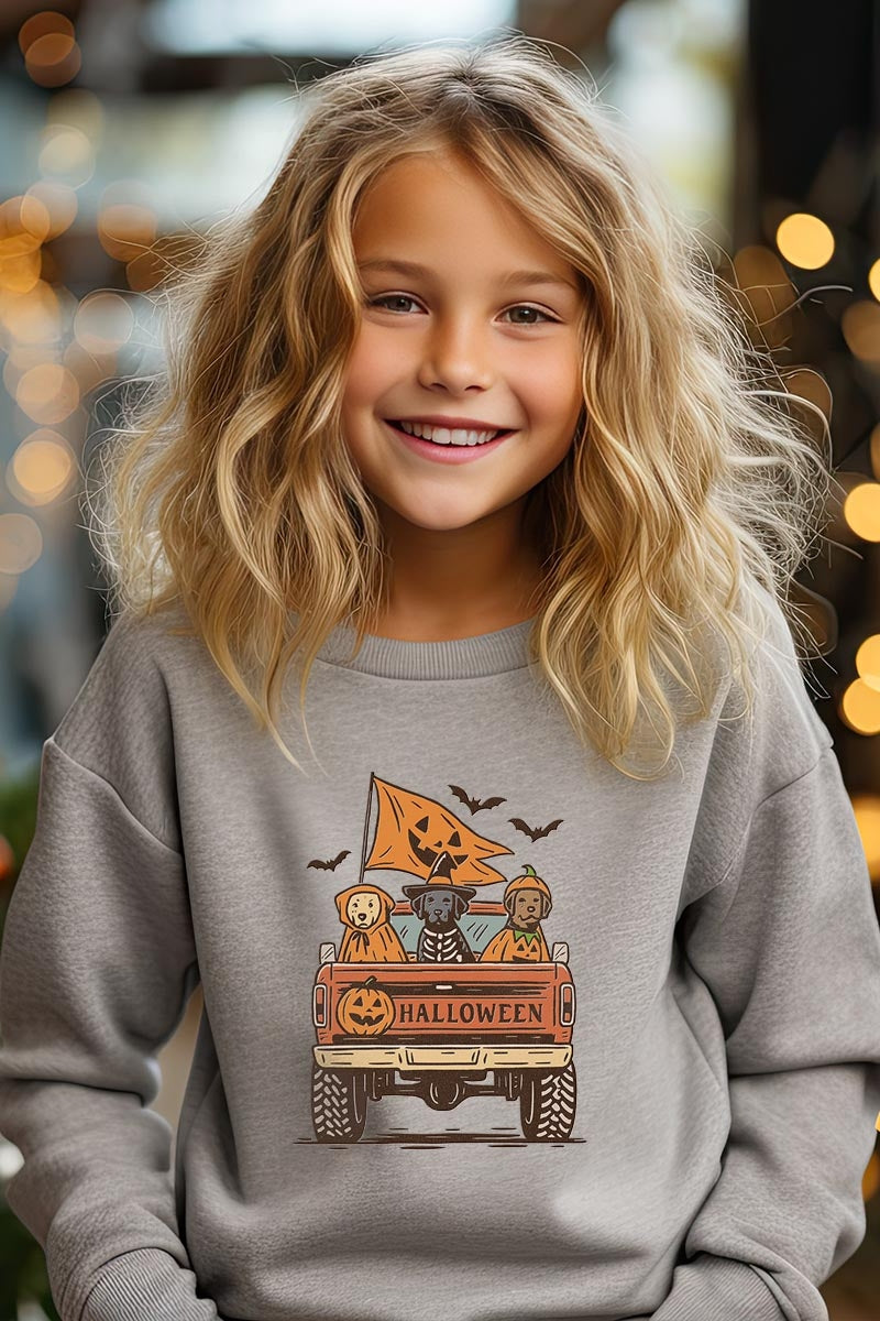 UL180B-E3150Z Halloween Truck Dogs Kids Graphic Sweatshirt $20