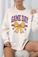 UL240P-E3063 Purple Game Day Football Bow Plus Long Sleeve Tee $17