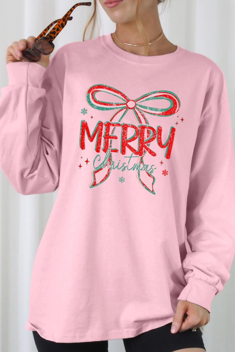 UL240-E3197 Merry Christmas Bow Graphic Long Sleeve Tee $13.75
