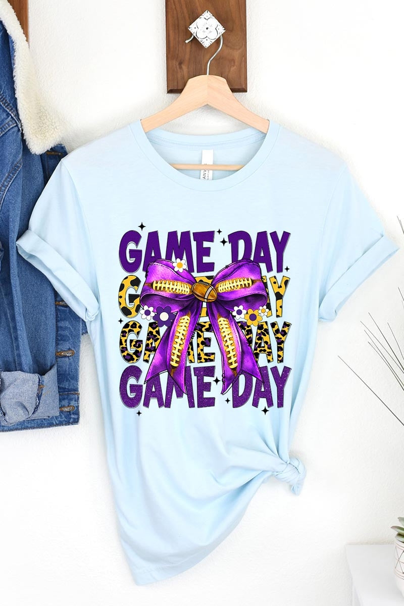 US3001-E3092 Purple Yellow Football Game Day Bow Graphic Tee $12.5