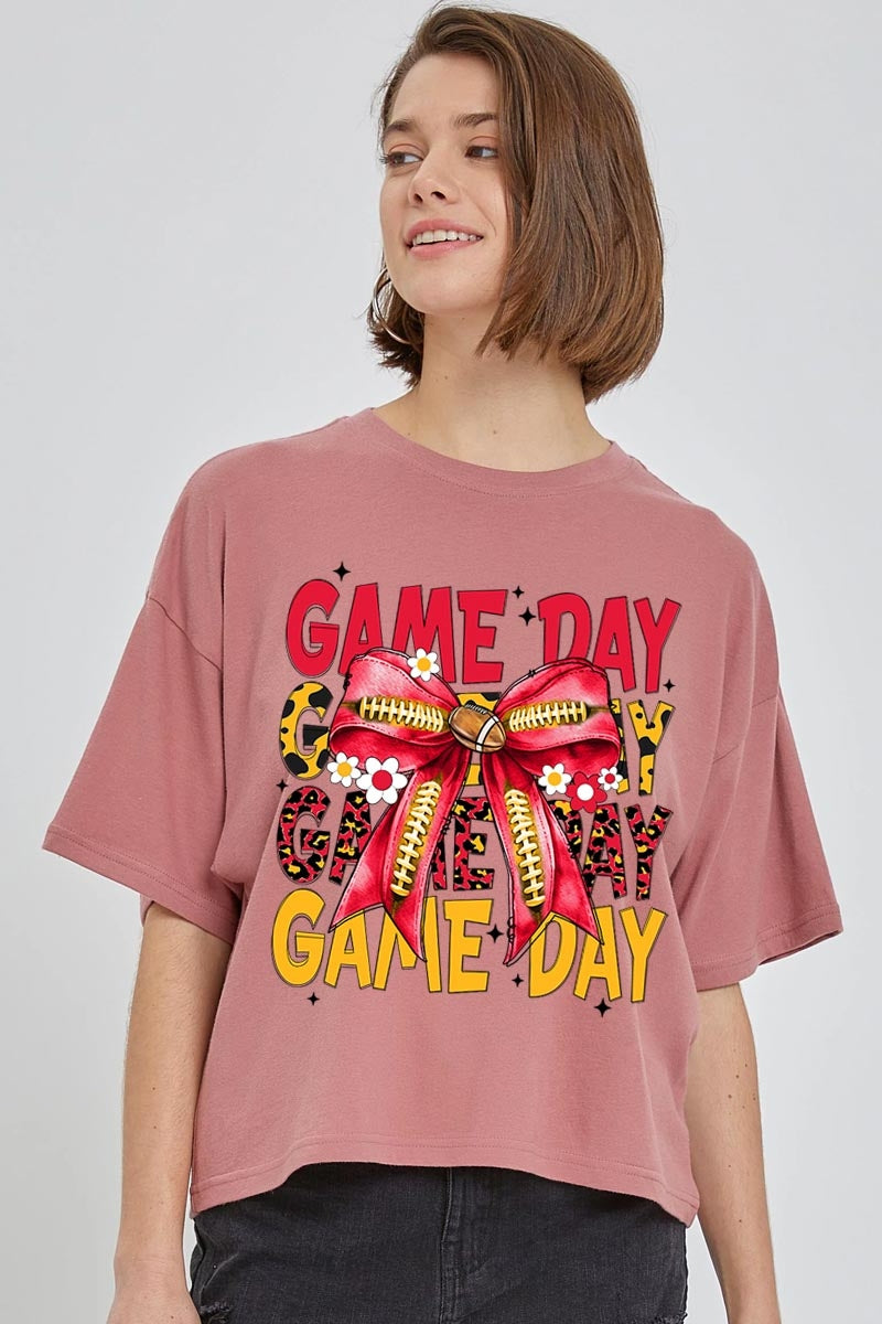 CTS-E3091 Red Yellow Football Game Day Bow Relaxed Crop Top $11
