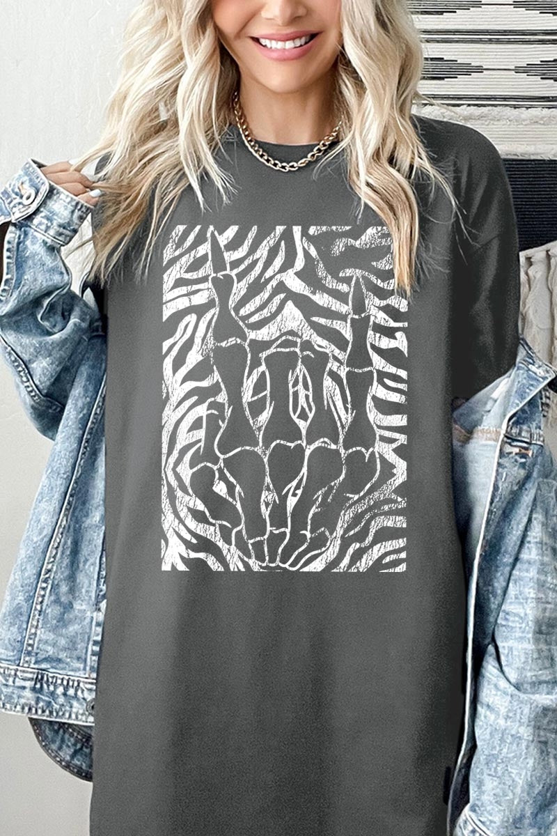 5000P-E3177 Skeleton Hands Zebra Graphic Plus Heavy Cotton Tee $12.75
