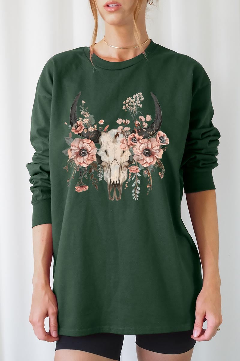 UL240P-E3113 Western Skull Floral Graphic Plus Long Sleeve Tee $17