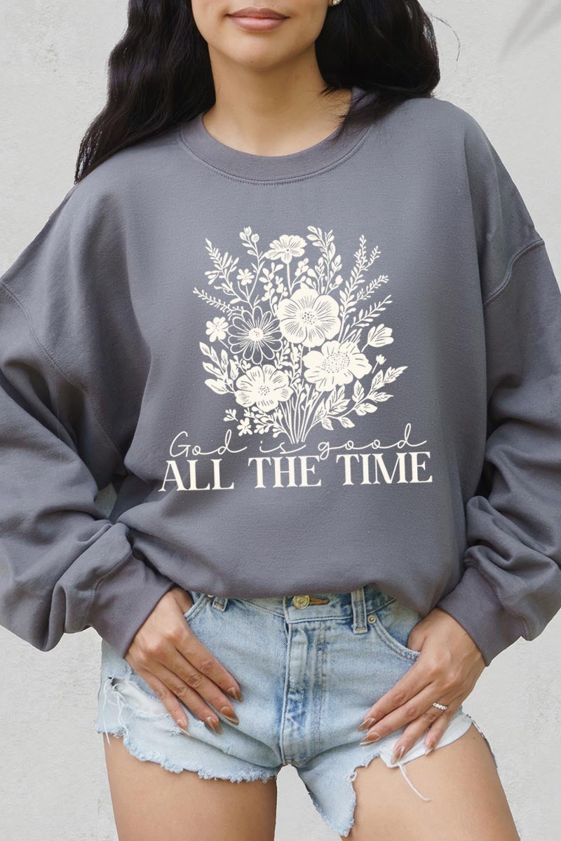 UL180P-E3116 God Is Good Floral Graphic Plus Sweatshirt $25