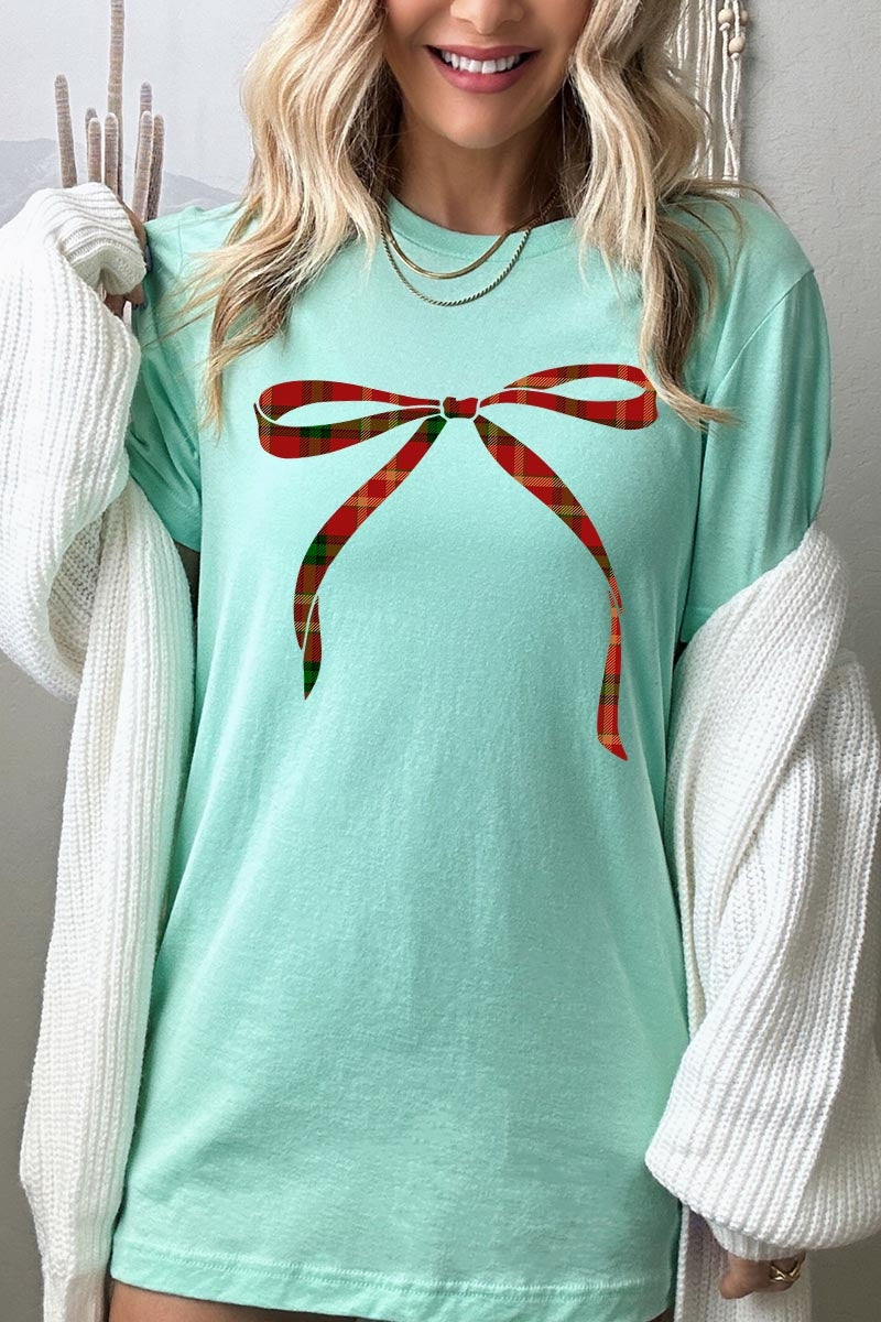 US3001-E3211 Red Bow Christmas Graphic Tee $12.5
