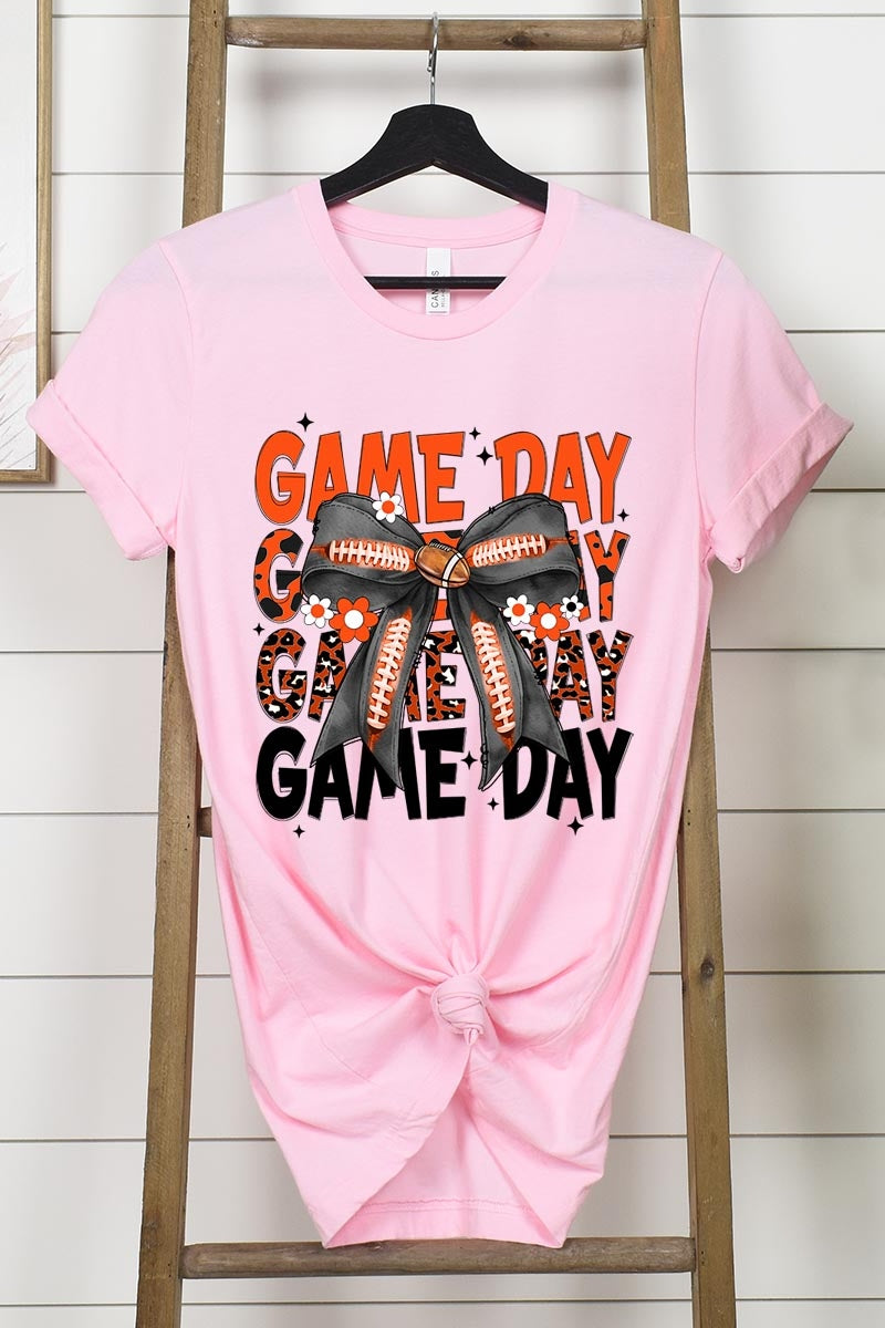 US3001P-E3088 Orange Black Football Game Day Bow Plus Tee $16