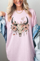 5000-E3113 Western Skull Floral Graphic Heavy Cotton Tee $9