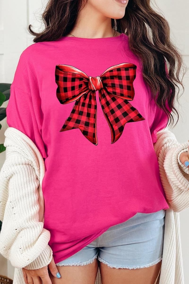 5000-E3198 Red Buffalo Plaid Bow Graphic Heavy Cotton Tee $9