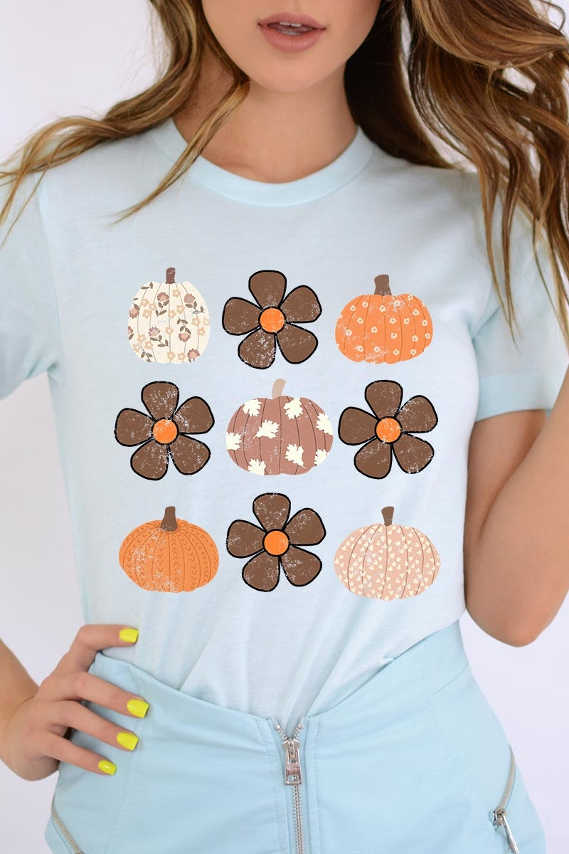 US3001-E3117 Pumpkins & Flowers Fall Graphic Tee $12.5