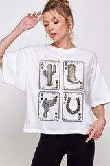 CTS-E3094 Western Cowgirl Card Graphic Relaxed Crop Top $11