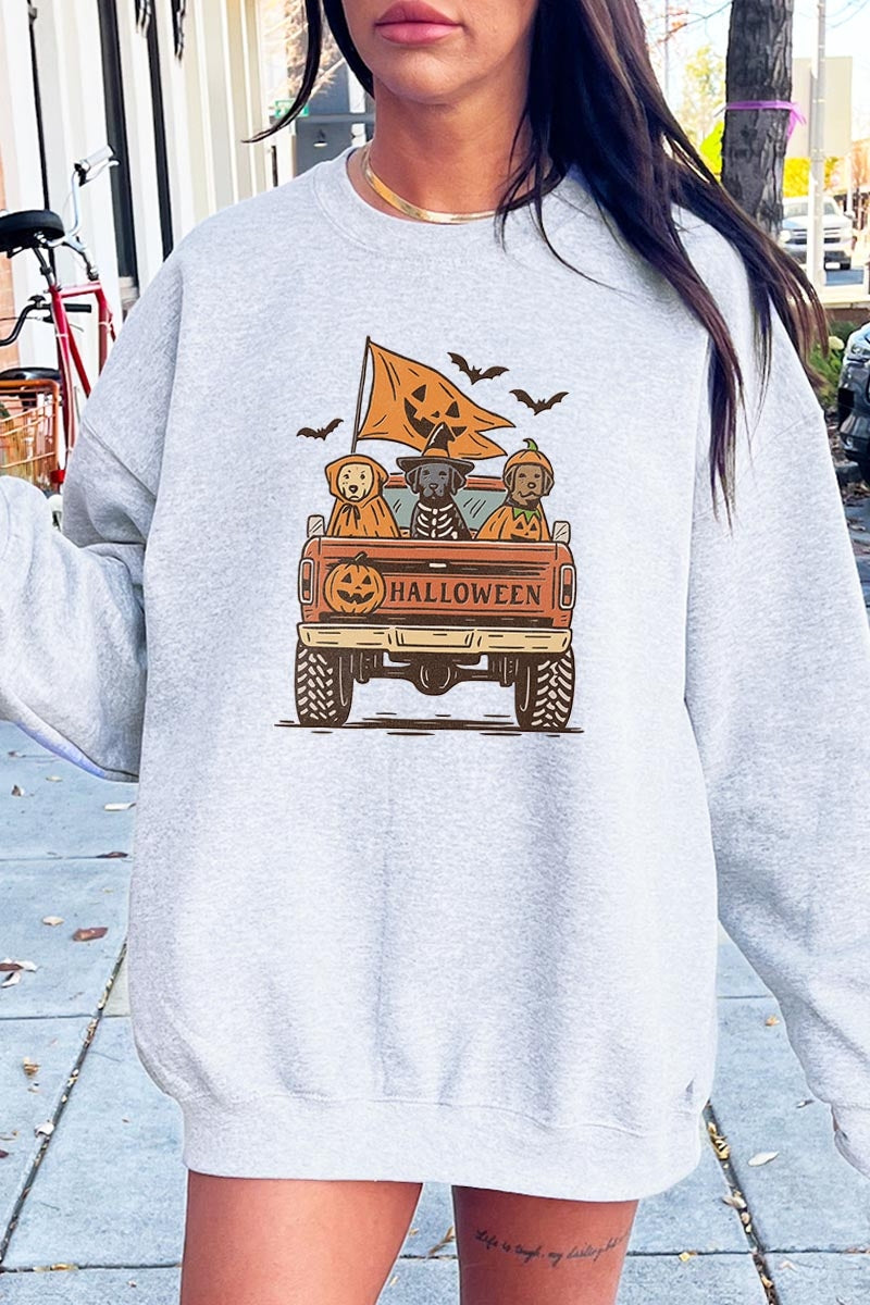 UL180P-E3150 Halloween Truck Dogs Graphic Plus Sweatshirt $25