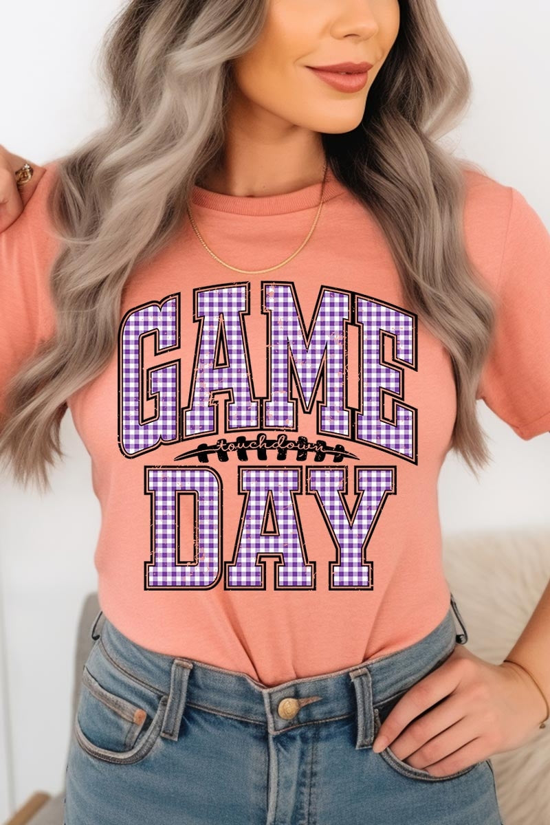 US3001P-E3127 Purple Gingham Game Day Graphic Plus Tee $16