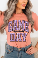 US3001-E3127 Purple Gingham Game Day Graphic Tee $12.5