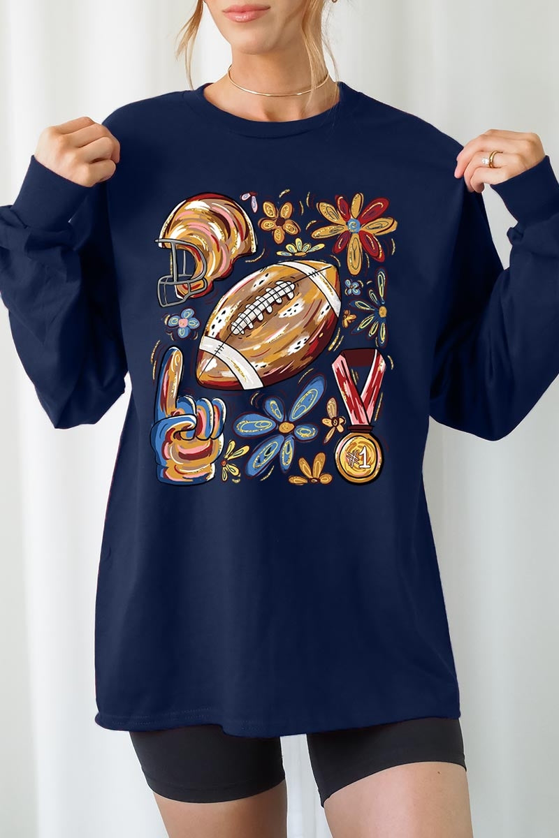 UL240-E3072 Retro Floral Football Graphic Long Sleeve Tee $13.75