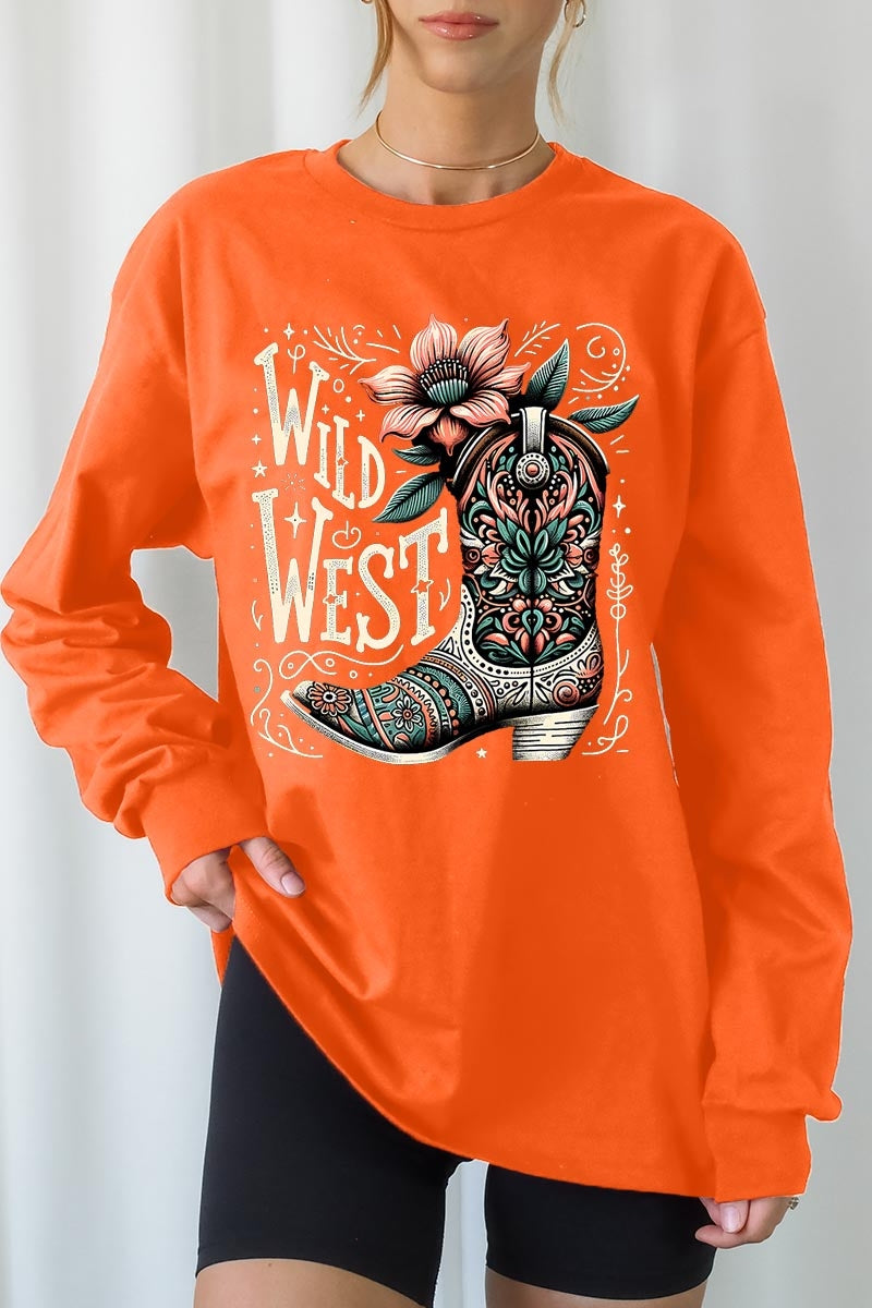 UL240-E3100 Wild West Cowgirl Boot Graphic Long Sleeve Tee $13.75