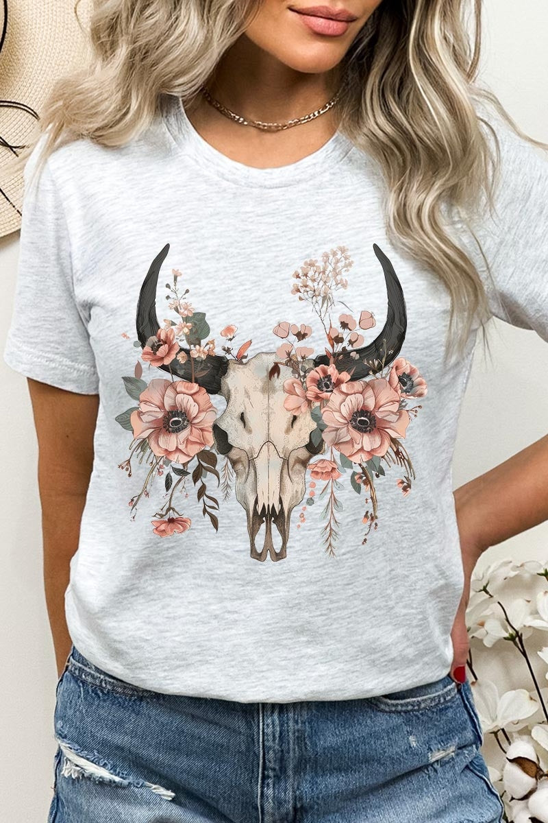US3001-E3113 Western Skull Floral Graphic Tee $12.5