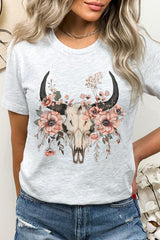 US3001-E3113 Western Skull Floral Graphic Tee $12.5