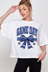 CTS-E3065 Blue Game Day Football Bow Graphic Crop Top $11