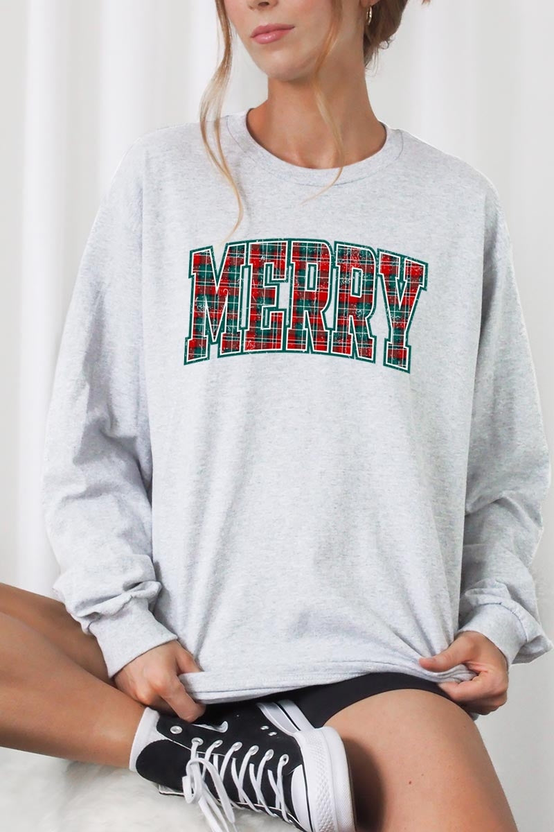 UL240-E3210 Classic Plaid Merry Graphic Long Sleeve Tee $13.75