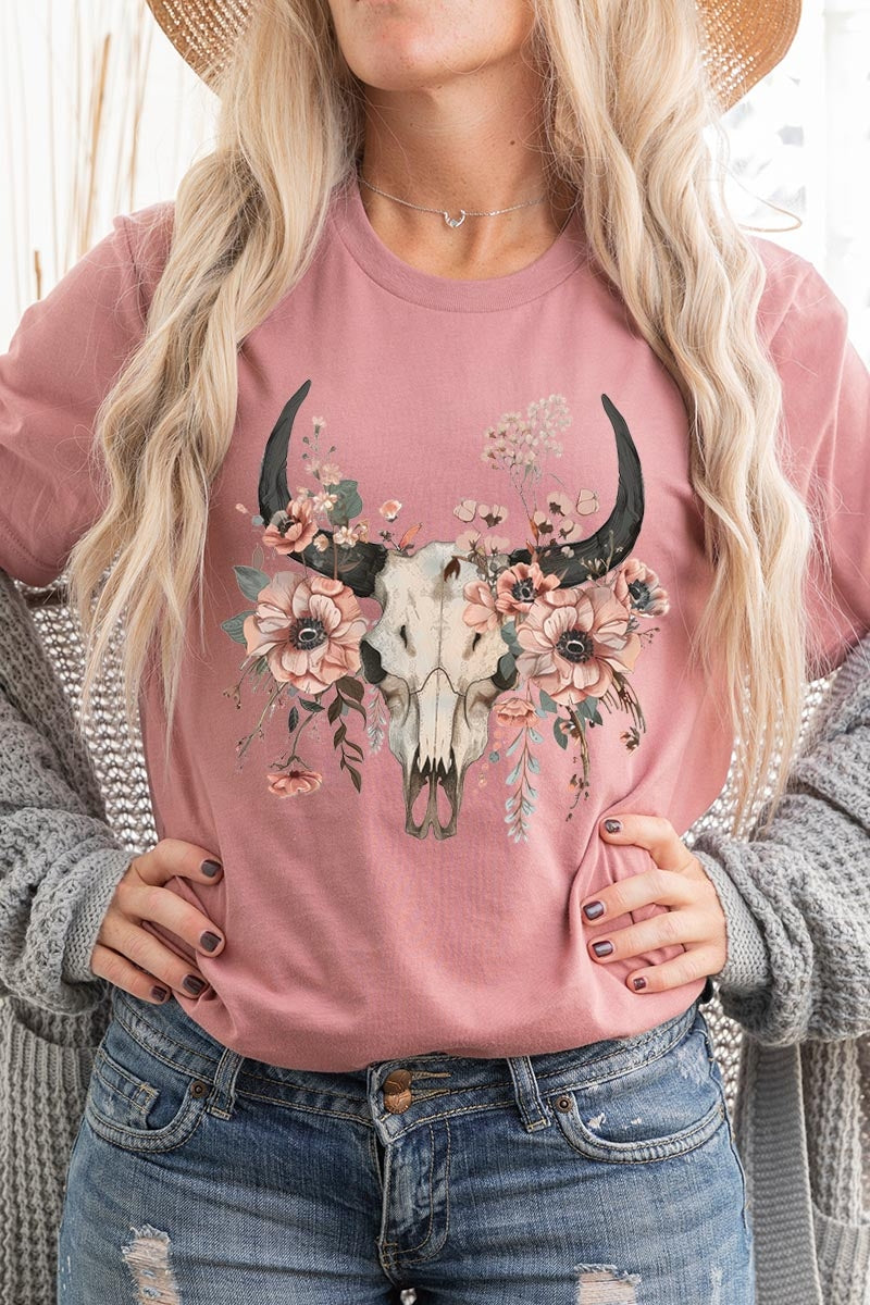 US3001-E3113 Western Skull Floral Graphic Tee $12.5