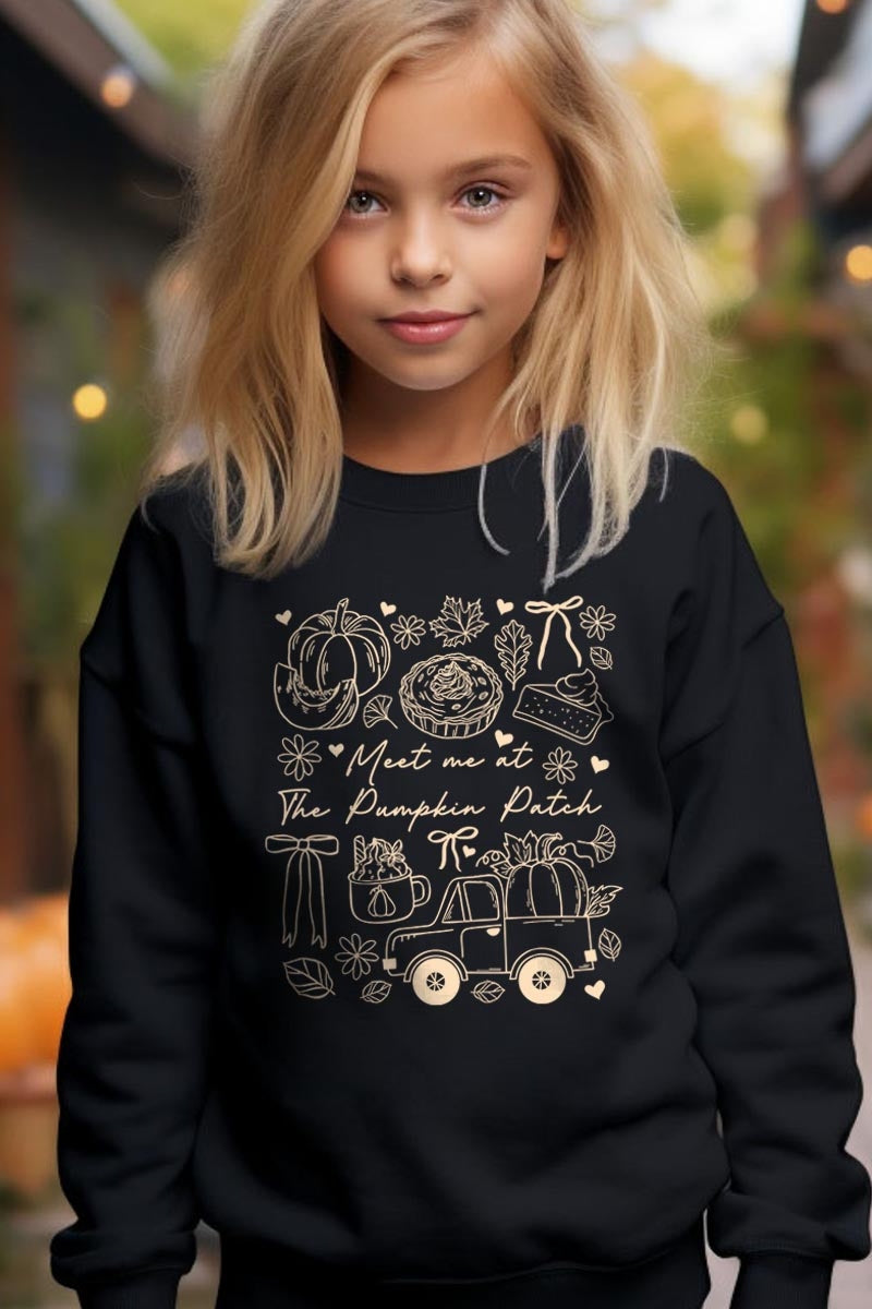 UL180B-E3163Z Pumpkin Patch Doodle Kids Graphic Sweatshirt $20