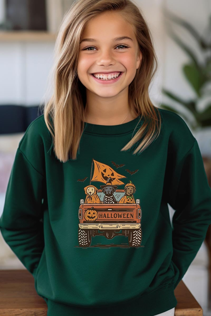 UL180B-E3150Z Halloween Truck Dogs Kids Graphic Sweatshirt $20