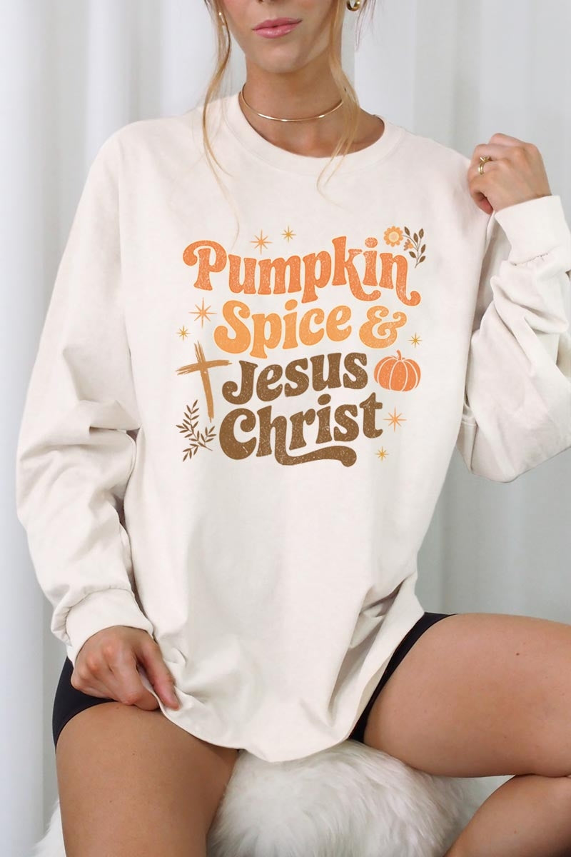 UL240P-E3164 Pumpkin Spice & Jesus Graphic Plus Long Sleeve Tee $17