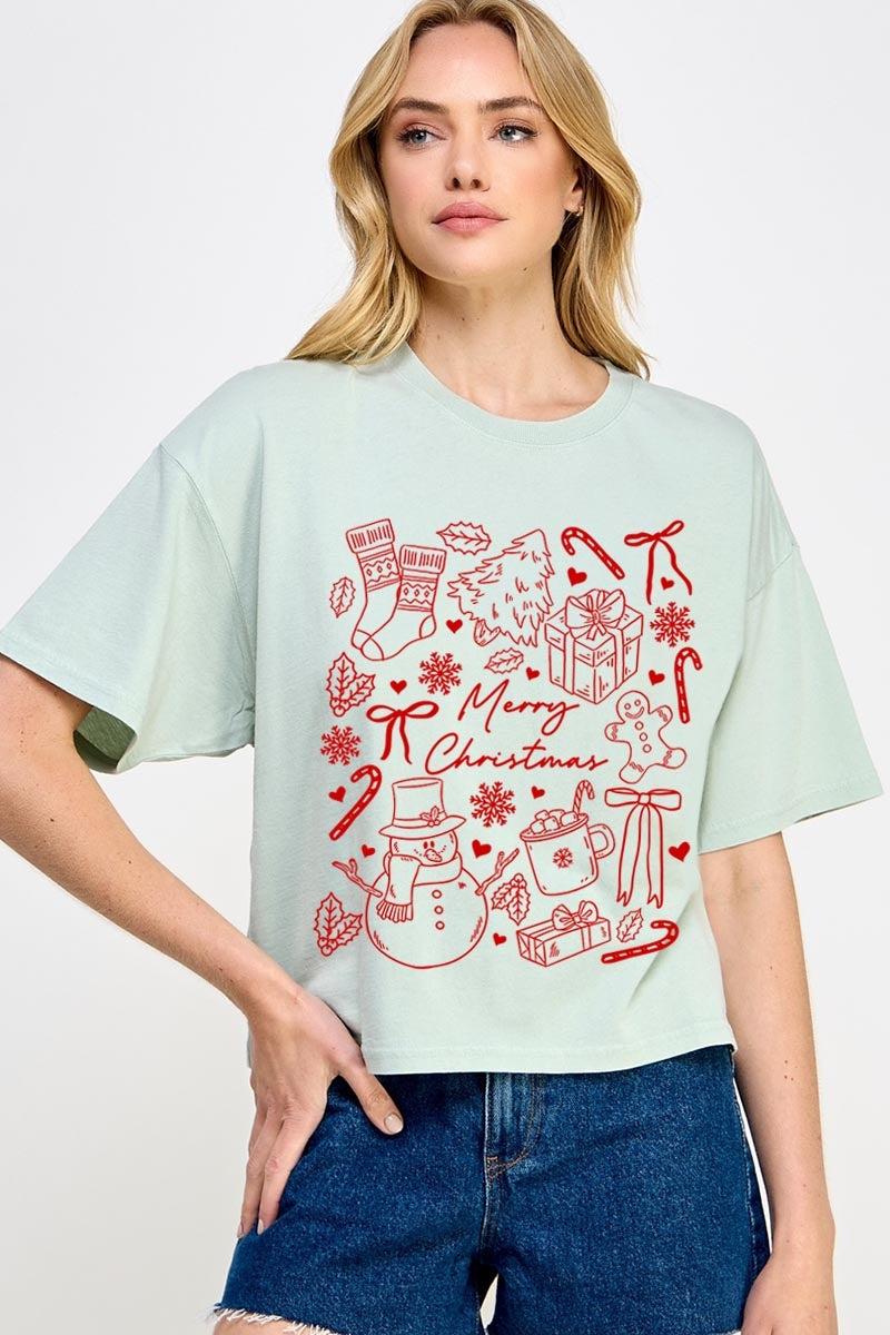 CTS-E3181 Christmas Doodle Graphic Relaxed Crop Top $11