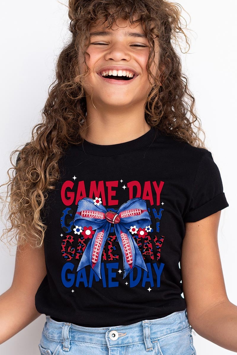 US3001Y-E3087Z Red Blue Football Game Day Bow Kids Graphic Tee $11