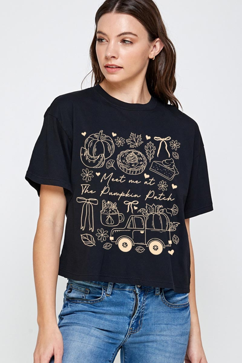 CTS-E3163 Pumpkin Patch Doodle Graphic Relaxed Crop Top $11