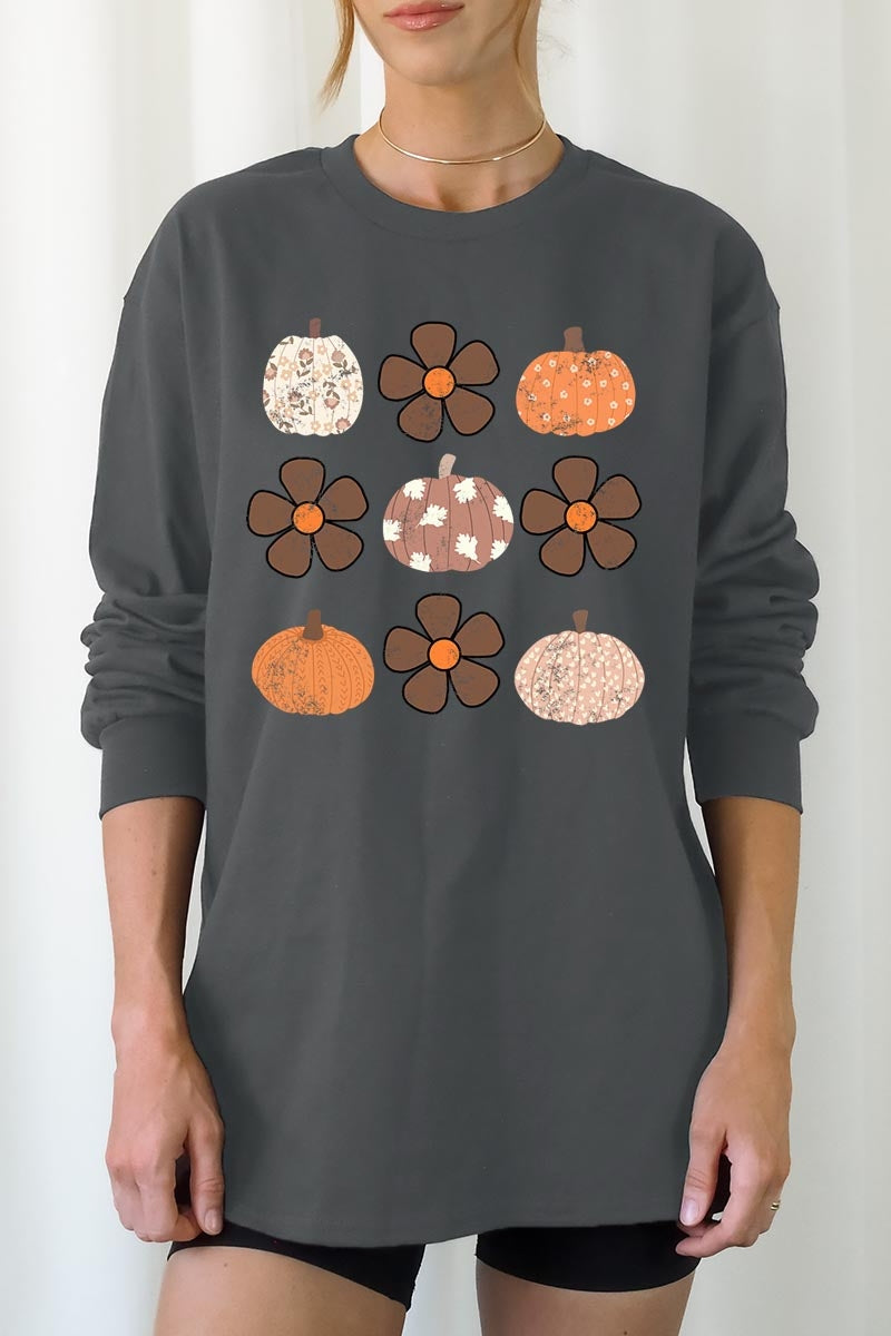 UL240-E3117 Pumpkins & Flowers Fall Graphic Long Sleeve Tee $13.75