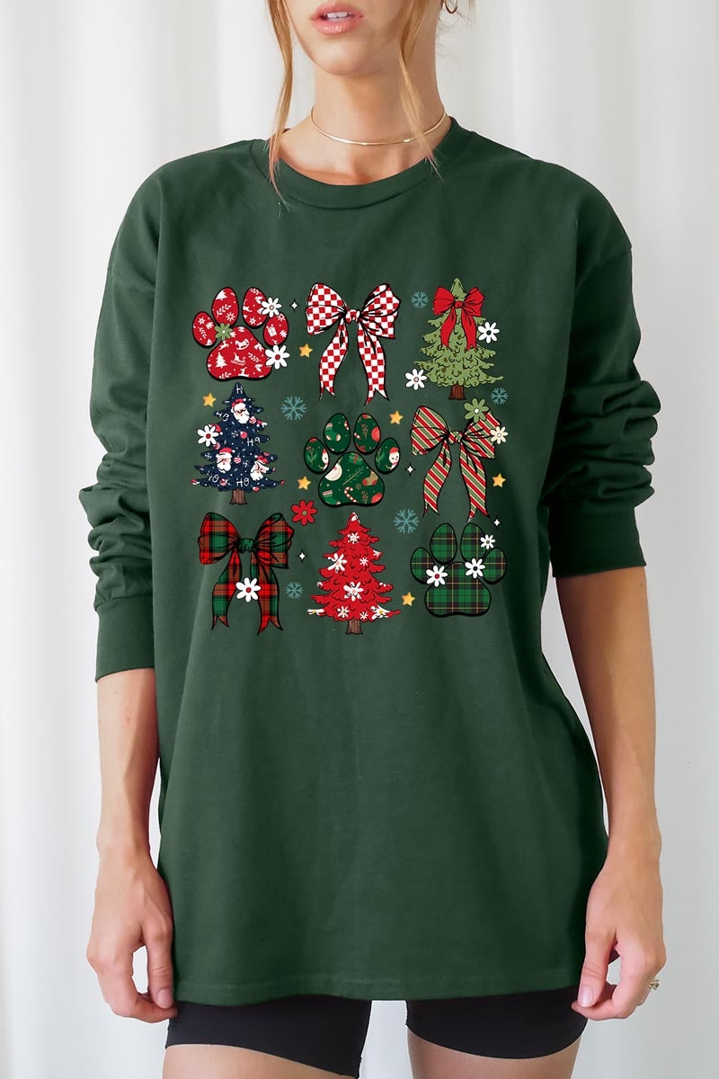 UL240P-E3195 Christmas Bow Paw Graphic Plus Long Sleeve Tee $17