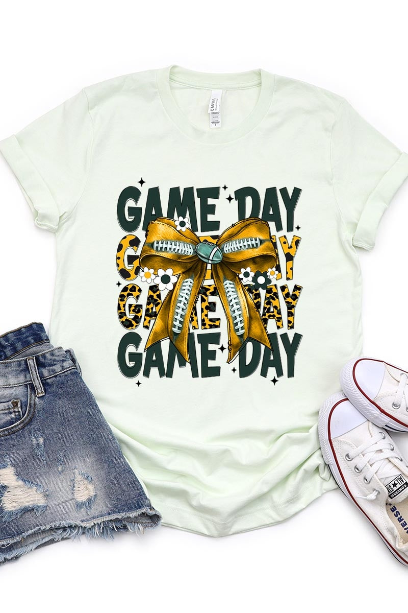 US3001P-E3090 Yellow Football Game Day Bow Graphic Plus Tee $16