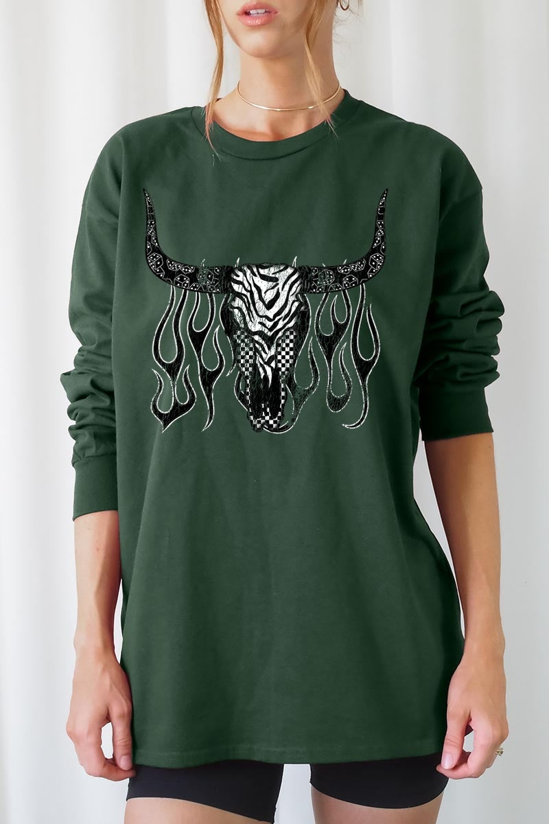 UL240-E3176 Western Bullskull Graphic Long Sleeve Tee $13.75
