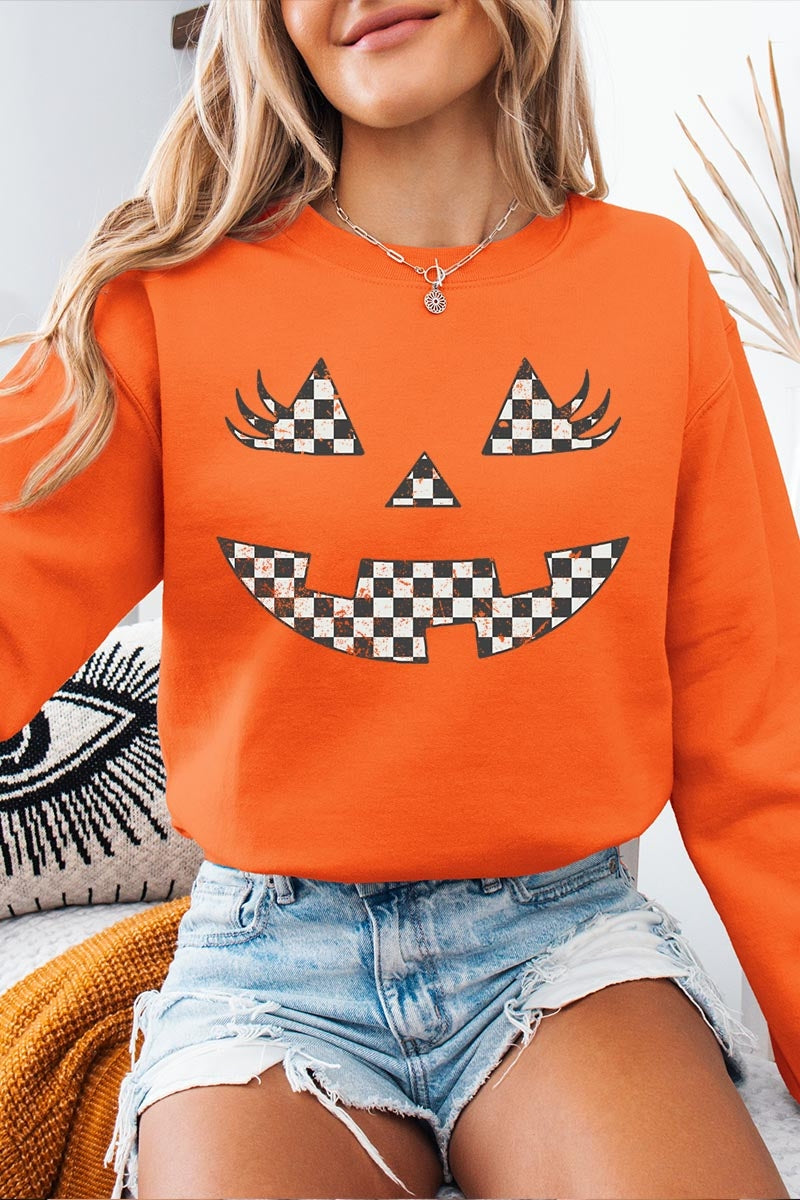 UL180-E3149 Checker Pumpkin Face Graphic Sweatshirt $20