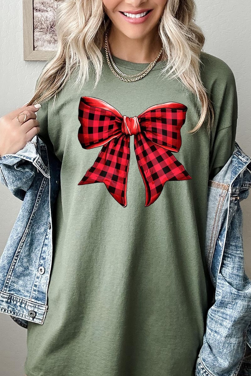 5000-E3198 Red Buffalo Plaid Bow Graphic Heavy Cotton Tee $9