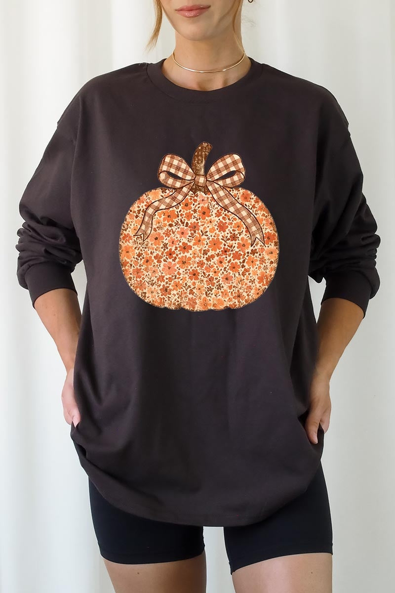 UL240-E3135 Floral Fall Pumpkin Graphic Long Sleeve Tee $13.75