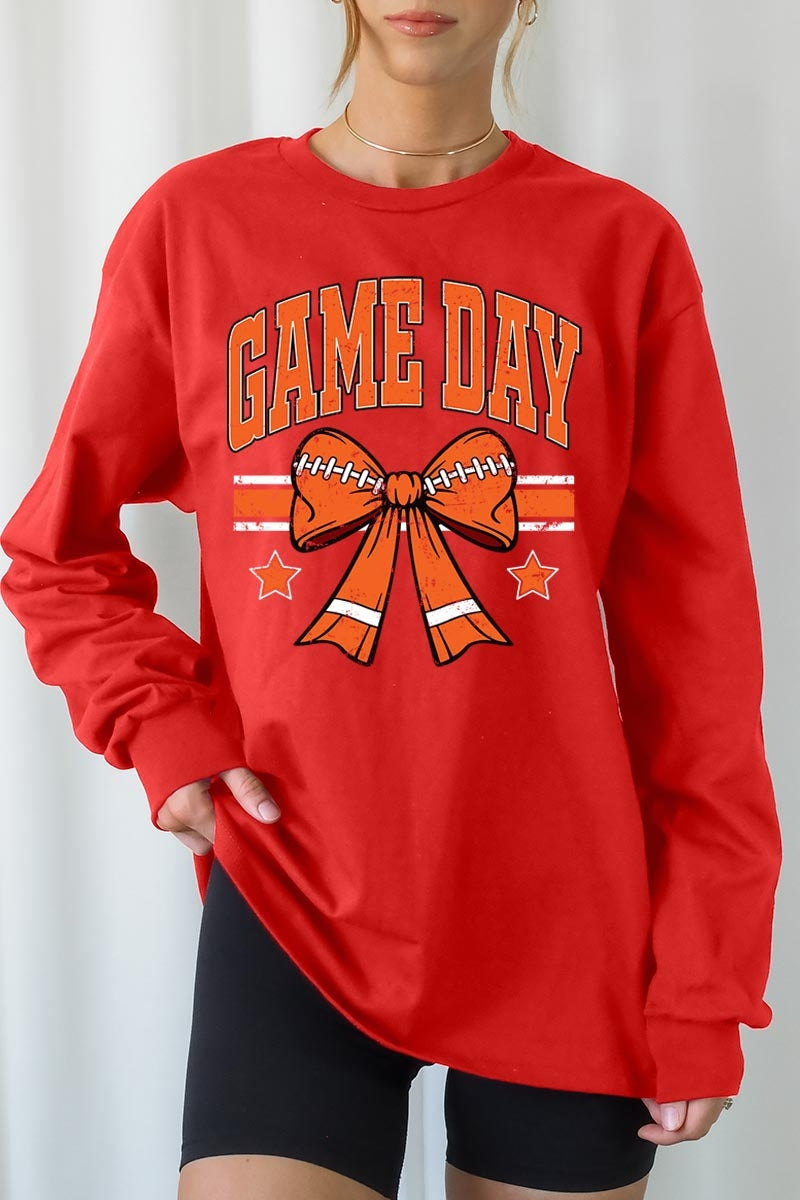 UL240-E3064 Orange Game Day Football Bow Long Sleeve Tee $13.75