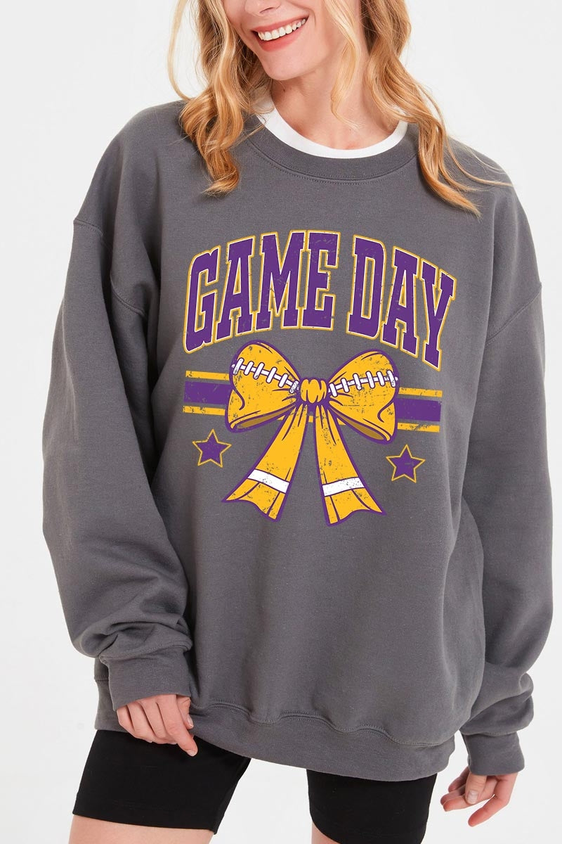 UL180-E3063 Purple Game Day Football Bow Graphic Sweatshirt $20